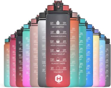 1L Drinking Bottle - BPA-Free Drinking Bottle with Straw and Time Markings - Water Bottle for Bicycle, Outdoor, School, Running, and Gym - Carbonated Drink Bottle Suitable (gray and red)