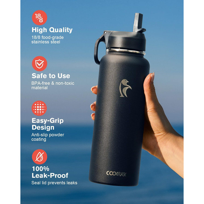 Термофляга Coolflask 1180 мл з трубою та 3 кришками, вакуумна металева пляшка для води для спорту та офісу, чорна