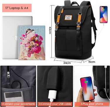 Рюкзак для ноутбука YAMTION для чоловіків, підходить для школи, університету, роботи та подорожей. USB-порт, відділення для ноутбука 17 дюймів.