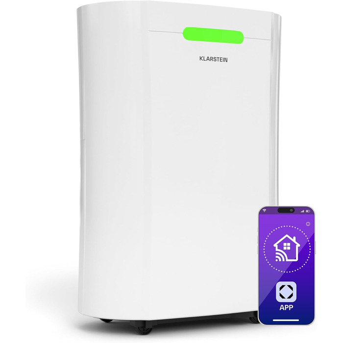 Klarstein AeroDry Smart 12л електросушарка - 12л/день, 2.5л резервуар, 39дБ, WiFi/App/Alexa, LED дисплей, таймер 24г, вугільний фільтр, для приміщень до 18м², преміум якість