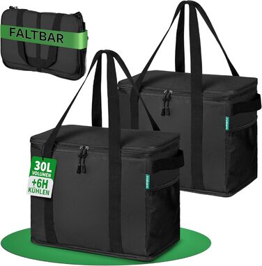 Large Cooler Bag 2-Pack made from recycled material – foldable large cooler bags with reinforced bottom – extra stable, ideal as a shopping bag, insulated bag, thermal bag, cooler box 30l