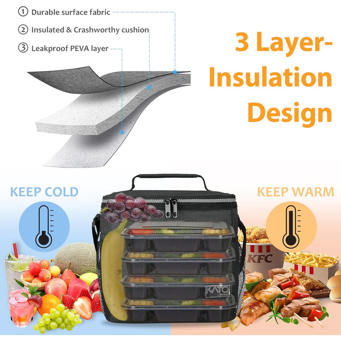 Сумка-ланч Kato Tirrinia для чоловіків: ізольована, 10.5L, з регульованим ремінцем, для роботи, фітнесу, школи, пікніків. Термосумка, витримує витоки, складається. Колір: темно-сірий