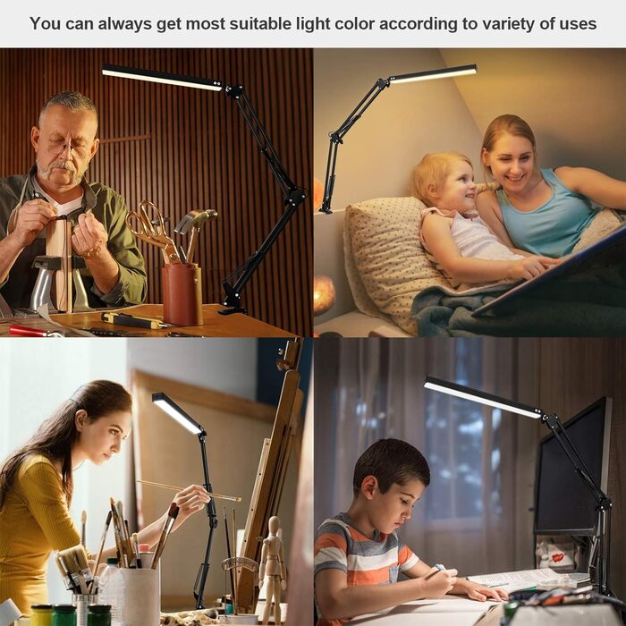 SKYLEO Dimmable Desk Lamp with Clip - Eye Protection LED Desk Light - 3 Modes & 10 Brightness Levels - Black