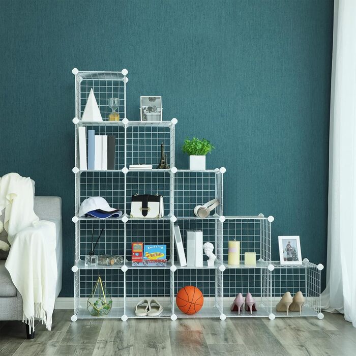 SONGMICS Storage Shelf, 16 Cube Storage System made of Metal Wire, DIY, Modular Grid Shelf, with Wire Frame, LPI44H (White)