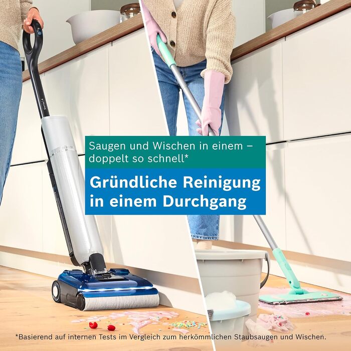 Акумуляторний пилосос для сухого та вологого прибирання Bosch BHF41WS з функцією миття підлоги, системою двох баків, LED-підсвіткою та потужністю всмоктування 24 000 Па