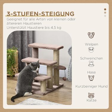 PawHut 3-Step Pet Staircase with Scratching Posts, Ball, Dog Staircase, Pet Staircase for Cats up to 5 kg, Plush Jute, White 45 x 40 x 48 cm (45L x 40W x 48H cm, Brown)