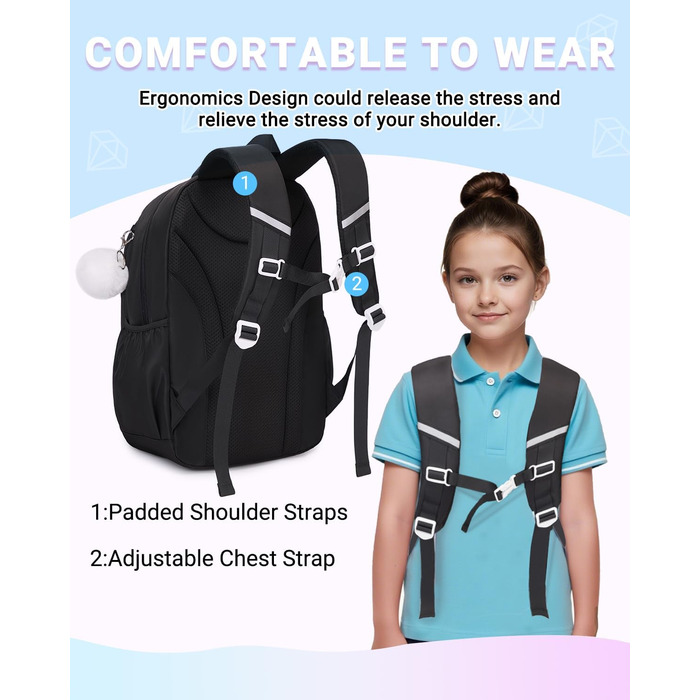 Шкільний рюкзак для дівчаток DivingBirds, 2-7 клас, 22L | Легкий дитячий рюкзак з дихаючою спинкою та м'якими лямками | З нагрудним ременем | Чорний