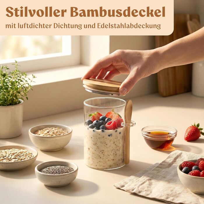 EDELHAUS Банки для Overnight Oats 4x500 мл з кришками, етикетками та ложками - герметичні скляні банки для вівсянки, йогурту, чиа-пудингу, спецій