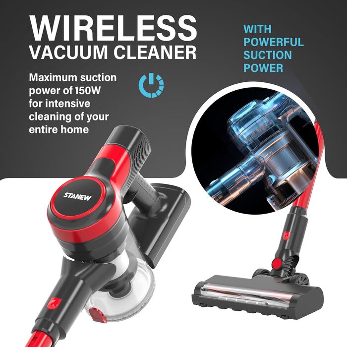 Акумуляторний пилосос Stanew ST-609: 4-в-1, бездротовий, 150W, 22.2V, 40 хв роботи, 800 мл, для килимів, шерсті тварин, авто
