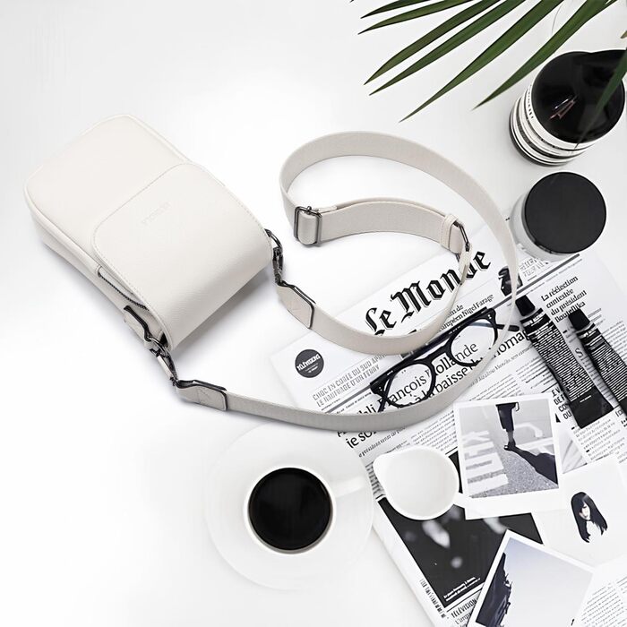 Сумка-органайзер на шию MUIIKOLA для смартфонів з RFID-захистом, веганська шкіра, бежевий. Сумка через плече для жінок з широким ременем та гаманцем.