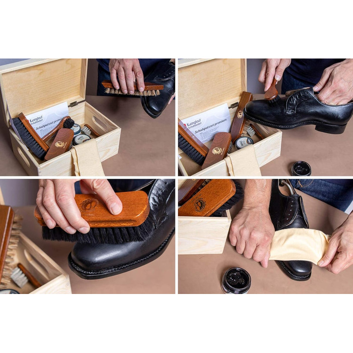 Premium Rosshaar Shoe Brush Shoe Care Set - 2 x Extra-Large Polishing Brushes - 2 x Rosshaar Application Brushes - 2 x Brand-Name Shoe Cream - Coconut Fiber Dirt Brush - Shoe Care Made in Germany