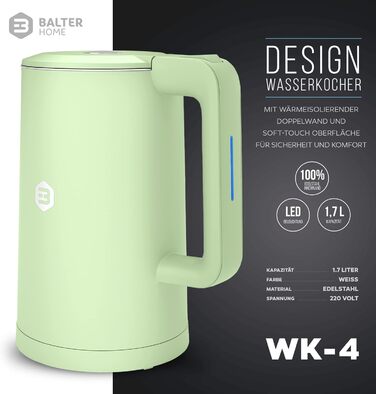Balter Stainless Steel Kettle WK-4, 1.7 Liter, Electric Kettle, Double-Walled Design, BPA Free, LED, Compact Tea Kettle, Quiet (Black) (Mint)