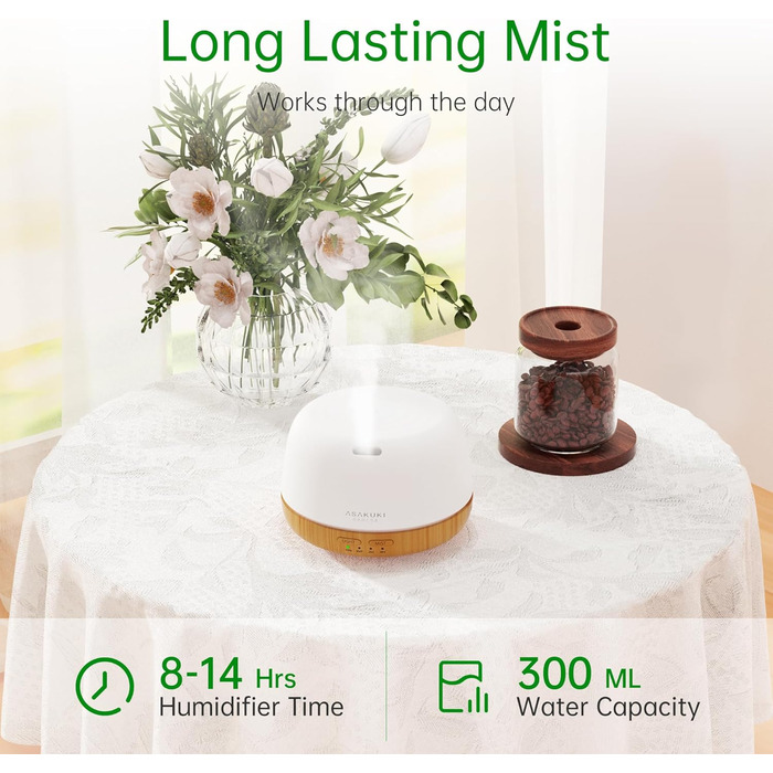 Дифузор аромату ASAKUKI 500 мл, ультразвуковий аромадифузор для ефірних олій, зволожувач повітря з пультом керування, автовимкнення без води, 7 кольорів LED-підсвічування (міні)