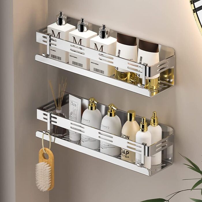 Melairy Shower Shelf No Drilling Bathroom Storage & Organization Shower Basket, Stainless Steel Bathroom Shelves with Two Hooks for Bathrooms and Kitchens