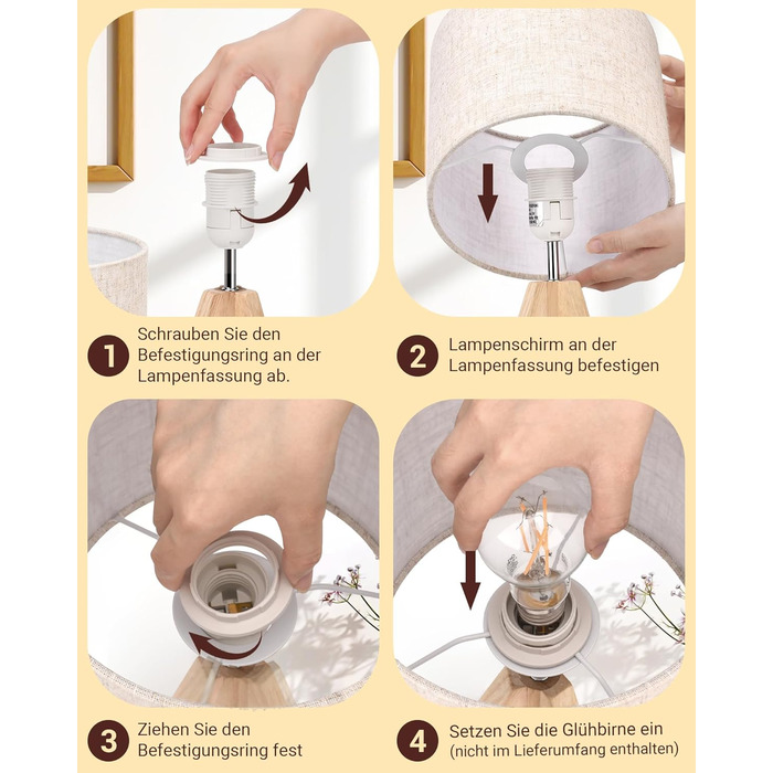 Настільна лампа EDISHINE, 2 шт. у наборі, дерев'яна, з абажуром кольору бежевого льону, цоколь E27, з лампочкою, вінтажний стиль, для спальні, вітальні, подарунок