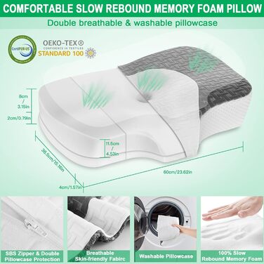 Elviros Orthopedic Memory Foam Pillow, Head Pillow for Neck Pain, Sleep Pillow, Ergonomic Neck Roll, Neck Support Pillow for Shoulder Pain, Anti-Snoring Pillow for Side Sleepers Dark Grey 60 x 38.6 x 9.9/13.5 cm