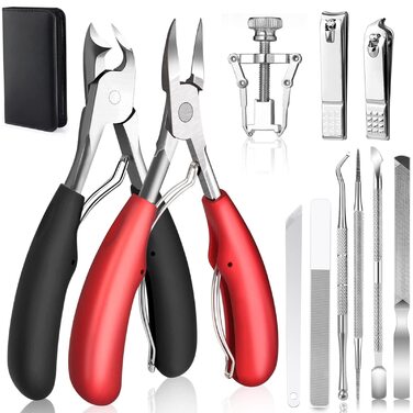 Набір професійних щипців для педикюру 12 шт. з нержавіючої сталі: ножиці для нігтів, кусачки для врослих нігтів, інструмент для догляду за стопами (чорний+червоний)
