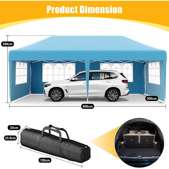 Devoko Gazebo, 2x2 Meter Waterproof, Stable, Winter-Proof Gazebo with 3 Height Adjustments, Foldable Gazebo with UV Protection 50+, Folding Tent, Gazebo with Carrying Bag, For Garden, Outdoor, Camping (3x6m, 6 Side Walls, Blue)