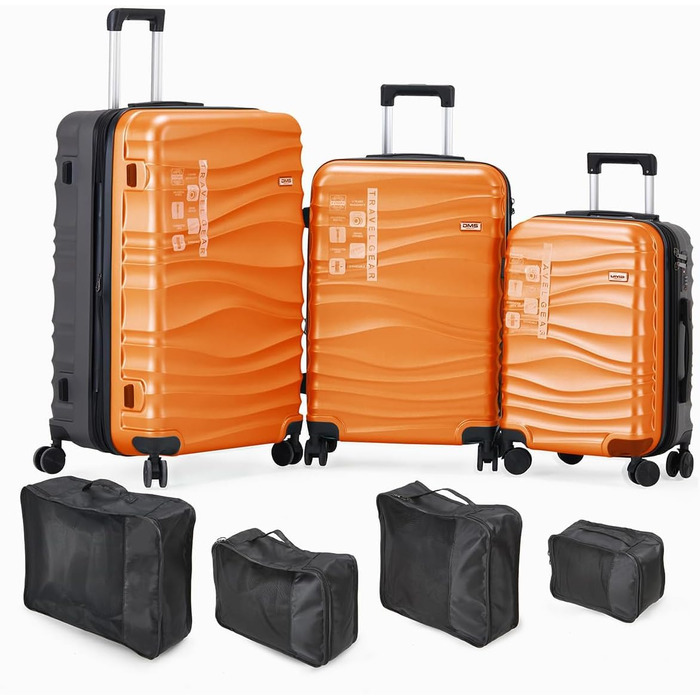 Набір валіз DMS® 7-елементів: 3 валізи (M/L/XL) з ABS-пластику, 360° колеса, кодовий замок + 4 чохли для одягу. Легкі, міцні, розширювані, для подорожей та бізнесу (Помаранчевий)