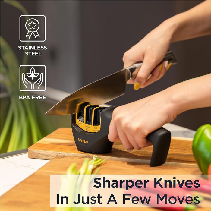 Deiss PRO 3-ступеневий точило для ножів кухонних та кишенькових - професійний точило для ножів шеф-кухаря, мисливських та керамічних - безпечне відновлення та полірування гострих лез (ORANGE)