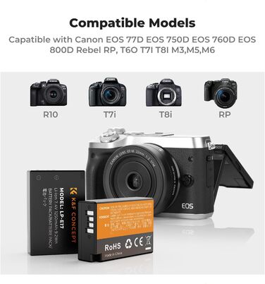 Акумулятор LP-E17 3шт. K&F Concept 1250mAh + LCD зарядний пристрій для Canon EOS RP, R10, R8, R50, Rebel T8i, T7i, T6i, SL2, SL3, 77D, 750D