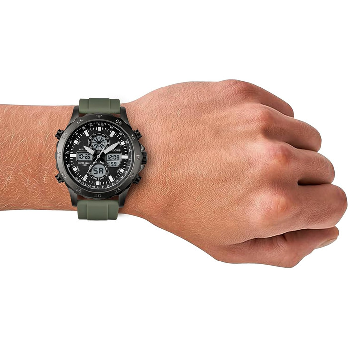 Годинники PINDOWS для чоловіків: водонепроникні спортивні годинники (аналогові/цифрові), багатофункціональні, з LED-підсвічуванням, будильником, секундоміром (зелено-чорні)