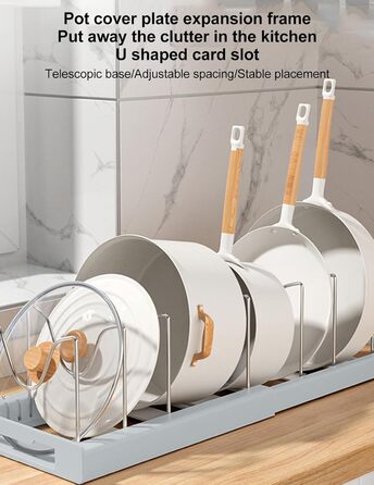 Організатор для каструль та сковорідок, розширюваний, з 7 тримачами, сірий. Підходить для кухні, офісу, ресторану