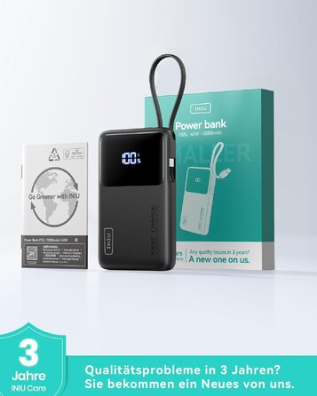 Повербанк INIU 45W 10000mAh з вбудованим кабелем USB-C, швидка зарядка для iPhone 16 17 Pro, Samsung S22, Xiaomi, iPad, чорний