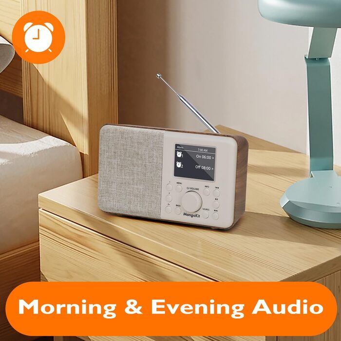 Портативне цифрове радіо MD3 DAB/DAB+/FM з Bluetooth, динаміком та навушниками, 40 станцій, будильник, годинник, таймер, кольоровий дисплей, живлення від батарейок та мережі (корпус з ясеневого дерева)