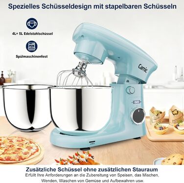 Кухонний комбайн-міксер Camic з LED-дисплеєм, 10 швидкостями та 2 чашами з нержавіючої сталі (4Л та 5Л), набір з 3 аксесуарів для тіста, хліба та тортів, синій