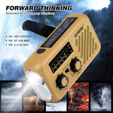 Радіоприймач Kurbelradio з підключенням навушників, AM/FM/SW, сонячне аварійне радіо, акумулятор 2000mAh, Power Bank, радіо на батарейках, будівельне радіо з приймачем світу, SOS ліхтарик для аварійного спорядження (297-Khaki)