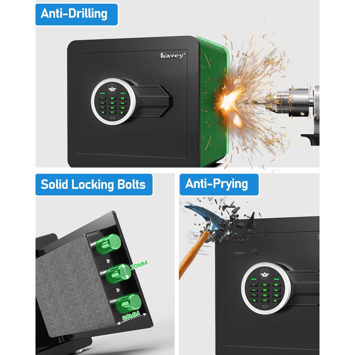 Сейф Kavey Safe Tresor: цифровий замок, подвійний захист, LED-підсвічування, 32L