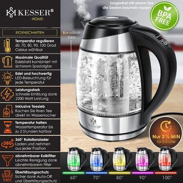 Електричний чайник KESSER 1,8 л із нержавіючої сталі та підсвіткою LED, зміна кольору залежно від температури (60–100°C), скляний корпус, з ситечком для чаю та фільтром від накипу, функція підтримки тепла
