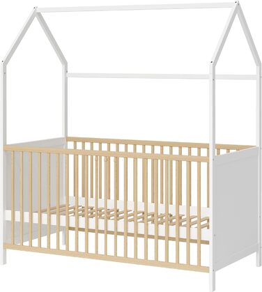 Bellabino Nika Babybett in Hausoptik 70 x 140 cm, crib and house bed for children and babies made of solid pine wood in blue, 3-fold height adjustable including slatted base.