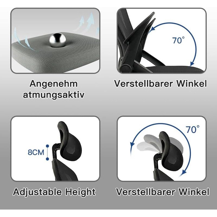 Ергономічне крісло для офісу: регульовані підлокітники, 3D-підголовник та поперекова підтримка, функція гойдання та нахилу (білий та чорний)