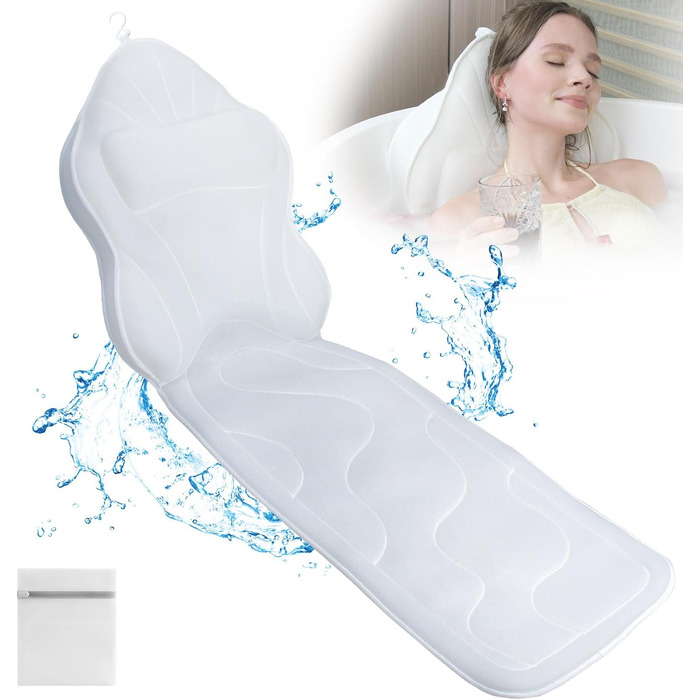 Poemland Luxus Thick, Full-Body Bathtub Pillow Mat & Cushion for Bathtub Headrest Neck Shoulder Support Comfort Relaxation Spa Accessories Perfect for Soaking in the Bathtub (White)