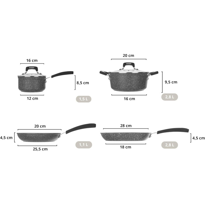 Набір каструль та сковорідок KASANOVA New Petra Dark для індукції та духовки, антипригарне покриття, захист ручок, нержавіюча ложка (6 шт)