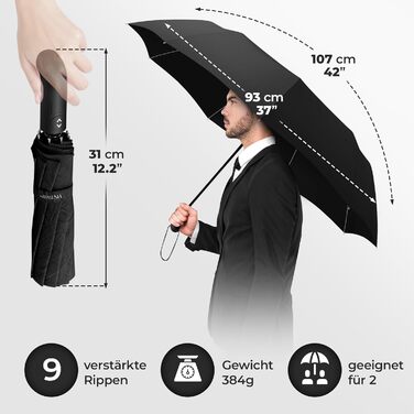 Чорний парасолька-рюкзак: штормовий, автоматичний, для чоловіків та жінок, компактний, стабільний, з чохлом, тефлонове покриття, захист від вітру та дощу | Парасолька для подорожей, гольф, стандартна модель