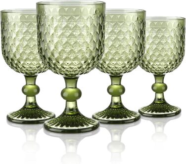 Joeyan 350ml Green Vintage Wine Glasses with Diamond Embossed Design, Colorful Goblet Glasses Wine Cup Set for Wine Juice Drinks, Set of 4 Retro Glasses with Stem, Dishwasher Safe