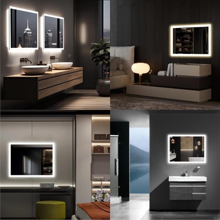 Дзеркало для ванної кімнати з підсвічуванням 50x70 см, LED, антизапарник, 2 кольори світла (3000K/6500K), прямокутне, горизонтальне/вертикальне, без рами