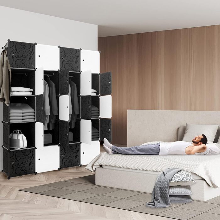 YRHome DIY Regal System Wardrobe Closet Storage Cabinet with Door, Shelf System, Coat Rack, Standing Shelf (20 Boxes with Wardrobe)