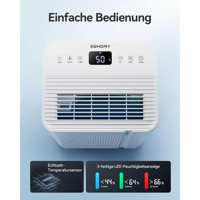 Електричний осушувач повітря EUHOMY 12L/24h - тихий, енергоефективний, з відведенням води, автоматичним розморожуванням, 3 режими, для квартири 25м²/122м³