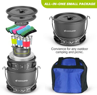 Odoland Camping Cookware Set - 6 Person Outdoor Cooking Set for Backpacking, Camping, and Picnics