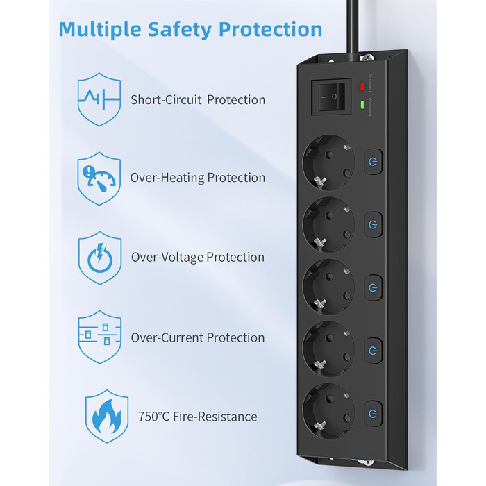 Мережевий фільтр Steckdoseleiste 5-fach з вимикачами, захистом від перенапруги 1050J, для дому та офісу, 2м кабель (чорний)