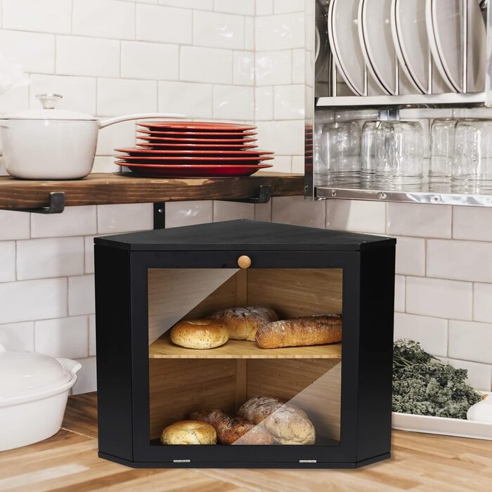 Чорний контейнер для хліба Leader Accessories з бамбука, 2 яруси, 32x32x34 см