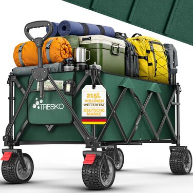 Універсальний складаний візок TRESKO® Bollerwagen 300L з гальмом, зелений - для пляжу, саду, транспорту вантажів до 150 кг, колеса з суцільною гумою