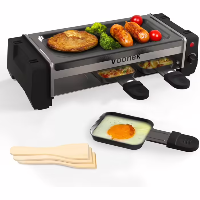 Raclette Grill for 2 People, Mini Raclette with 3 Pans, 3 Raclette Wooden Spatulas, Table Grill, Electric Korean BBQ Grill, Electric Grill with Non-Stick Coated Grill Plate, 700 Watts, Black