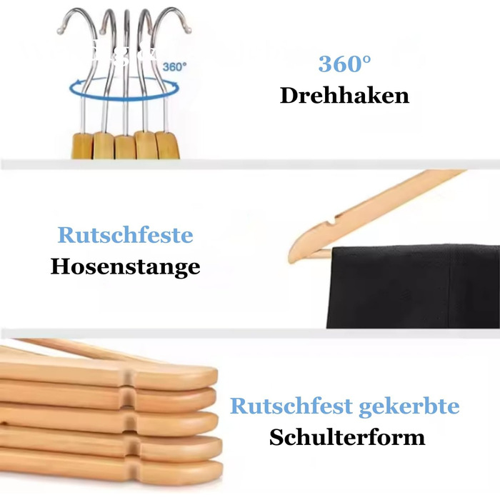 Дерев'яні вішалки для одягу, набір 20 шт. – міцні дерев'яні вішалки з перекладиною для штанів, з виступами та 360° гачком для костюмів, сорочок та курток