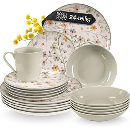 Набір посуду Moritz & Moritz PRIMAVERA з кераміки на 6 осіб (24 шт.) - сучасний сервіз з ігровим дизайном, легкий у догляді, з тарілками, мисками та чашками