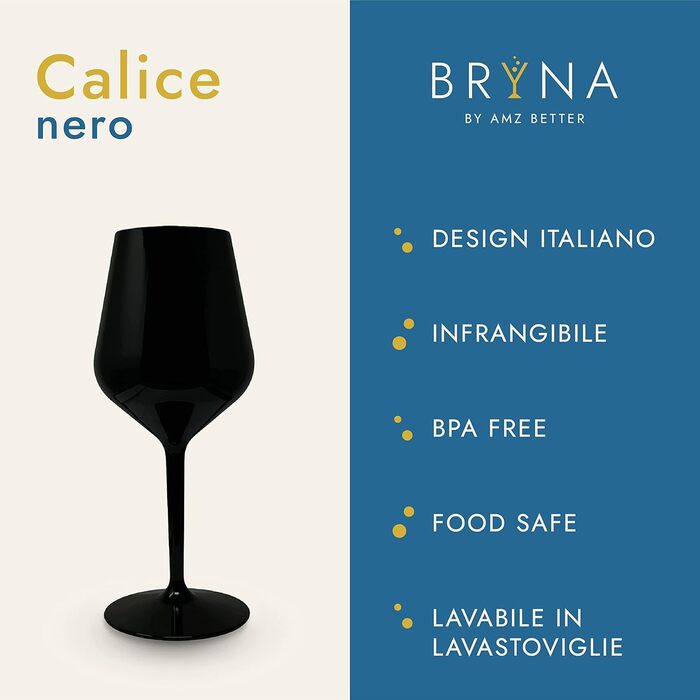 BRYNA - Set of 6 Wine Glasses 33 Cl made of Polycarbonate (hard plastic), 100% Italian design, unbreakable glasses, reusable and dishwasher-safe wine glasses, Black
